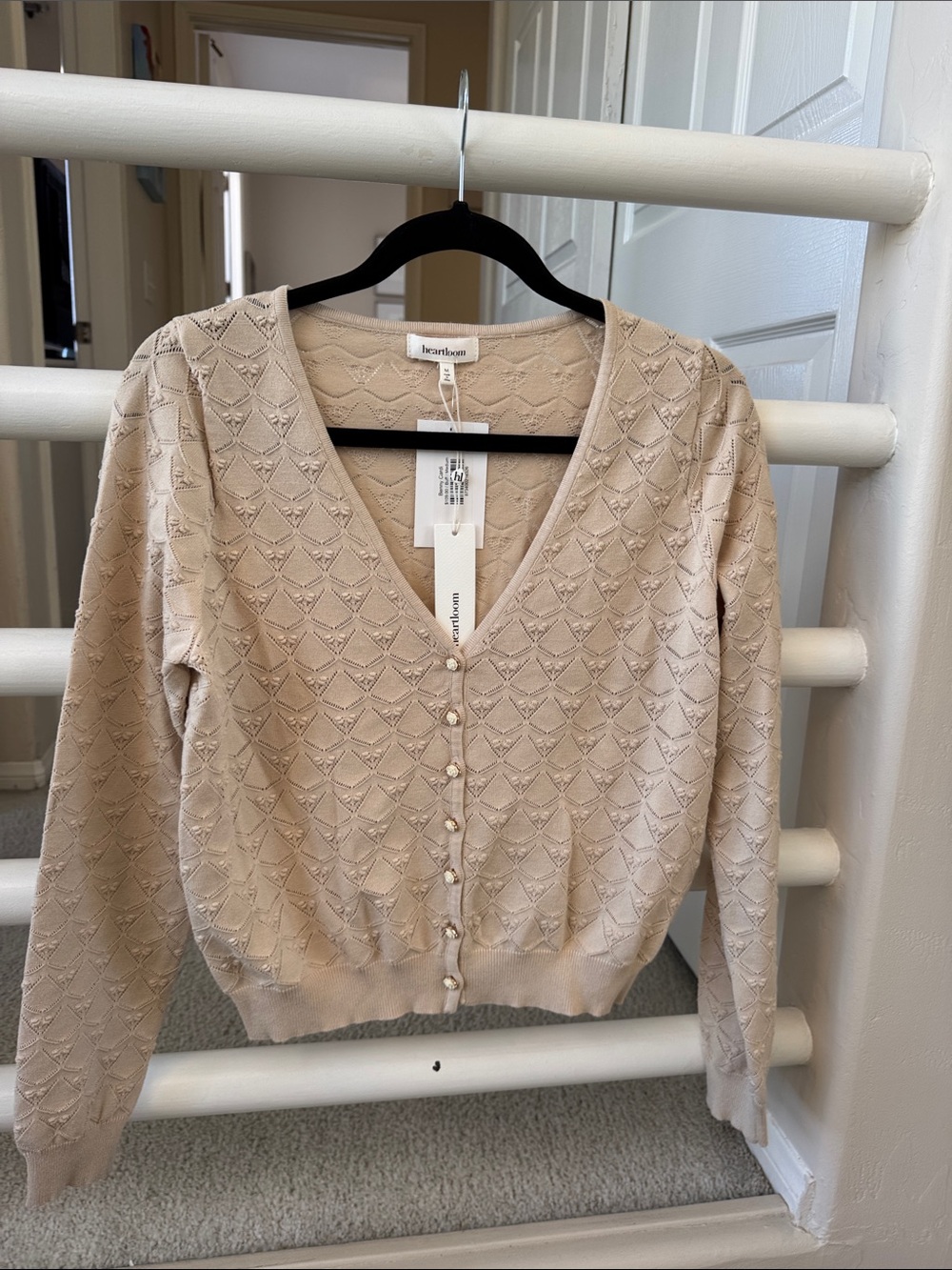 Heartloom Beige Pointelle V-Neck Cardigan with Pearl Buttons